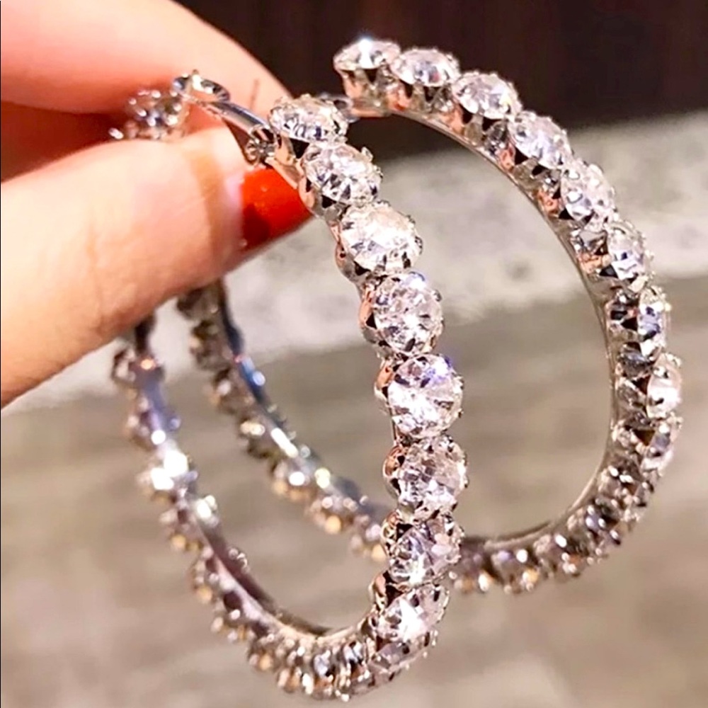Sparkly Round Diamond Silver Hoop Earrings